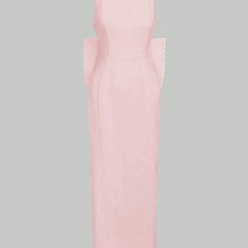 Pink Elegant Women's Romantic Backless Pearl Bow Prom Dress - Picture 4 of 7